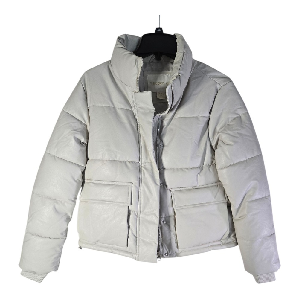 Madden Girl Womens Tan Faux-Leather Puffer Jacket Zip Front Warm XS NWT